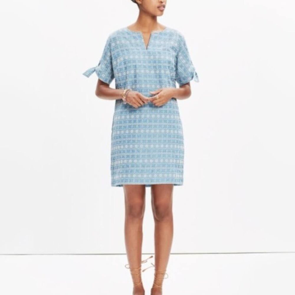 MADEWELL Size M Embroidered Tie Sleeve Shift Light Blue Dress